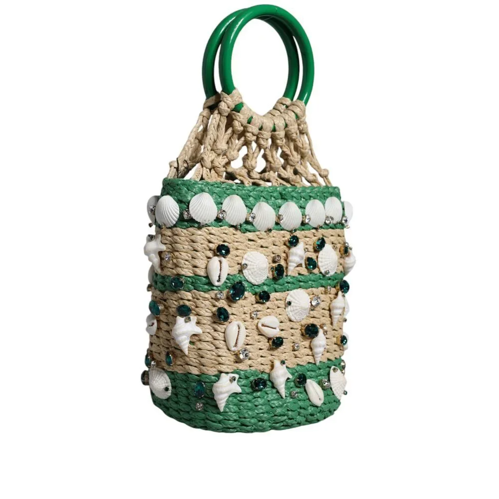 Dolce & Gabbana Beige Green Rafia Seashells Crystal Bucket Bag - Picture 3 of 8